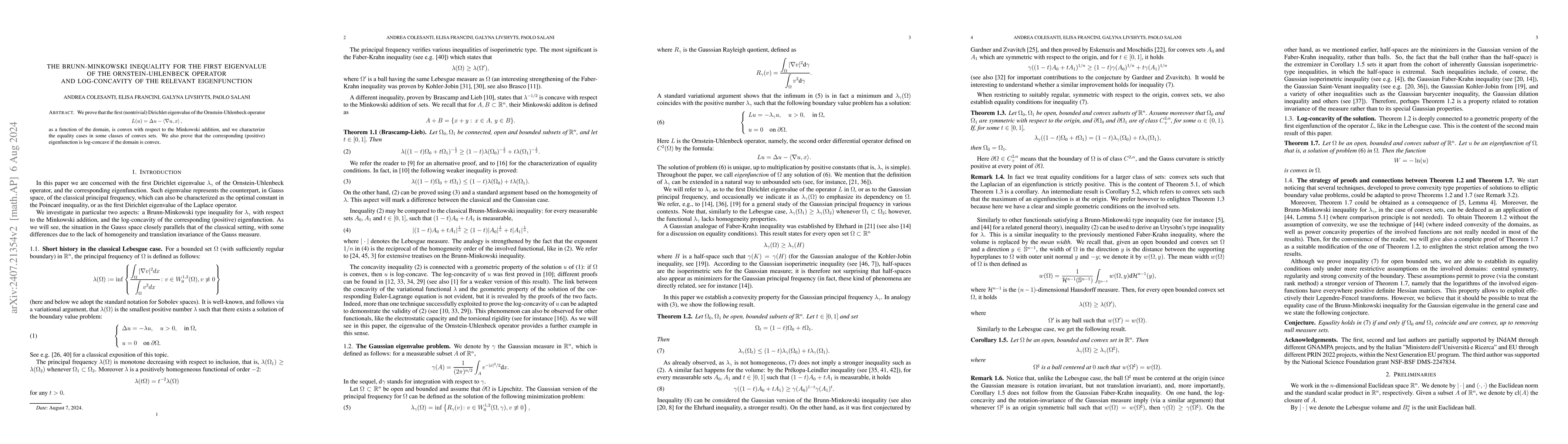 Thumbnail for The Brunn-Minkowski inequality for the first eigenvalue of the
  Ornstein-Uhlenbeck operator and log-concavity of the relevant eigenfunction