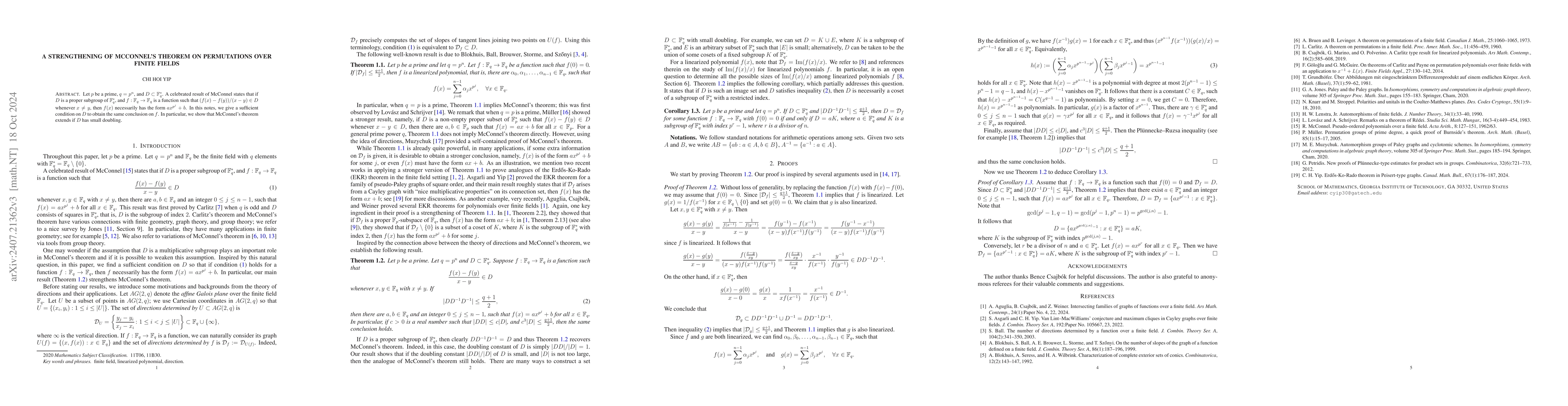 Thumbnail for A strengthening of McConnel's theorem on permutations over finite fields