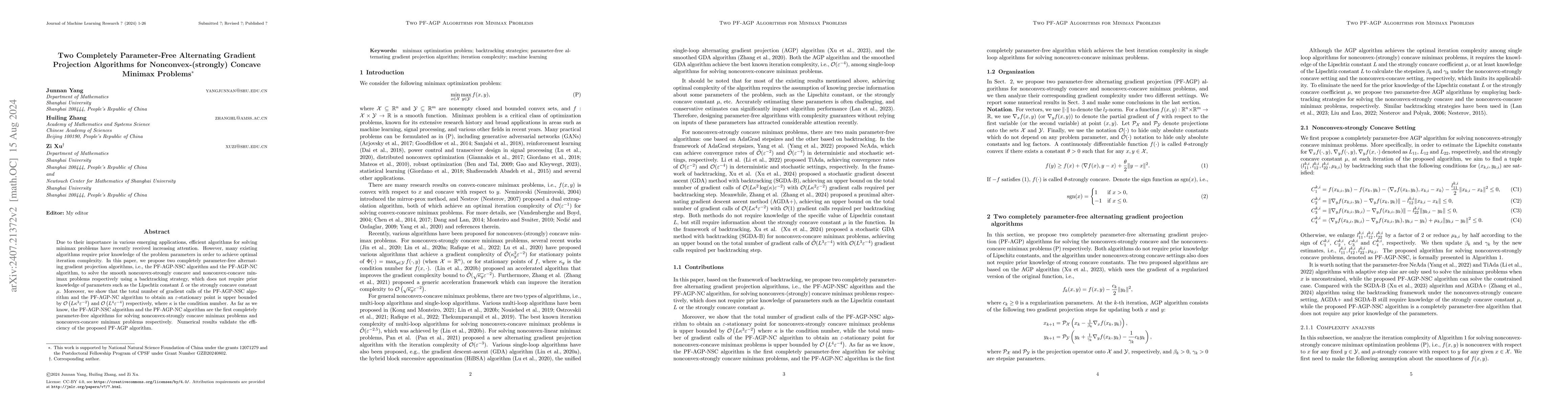 Thumbnail for Two Completely Parameter-Free Alternating Gradient Projection Algorithms
  for Nonconvex-(strongly) Concave Minimax Problems