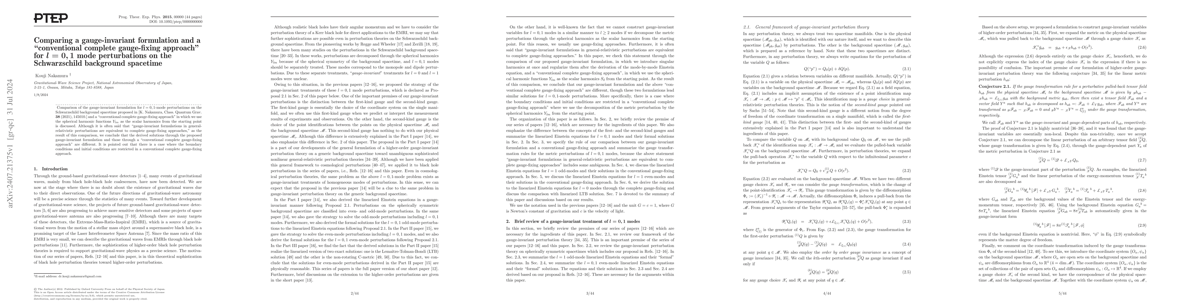 Thumbnail for Comparing a gauge-invariant formulation and a "conventional complete
  gauge-fixing approach" for $l=0,1$ mode perturbations on the Schwarzschild
  background spacetime