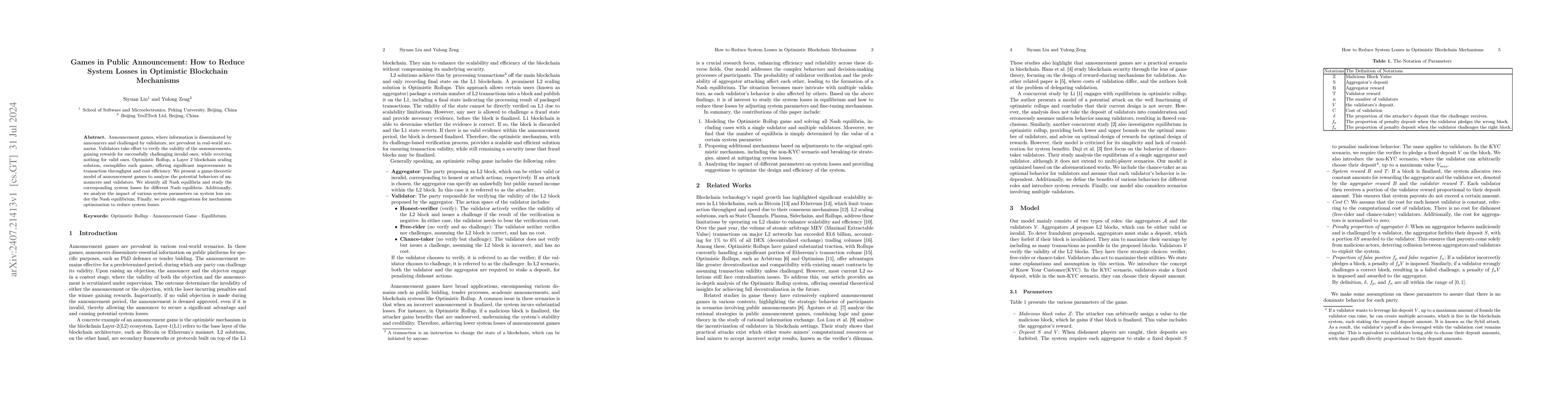 Thumbnail for Games in Public Announcement: How to Reduce System Losses in Optimistic
  Blockchain Mechanisms