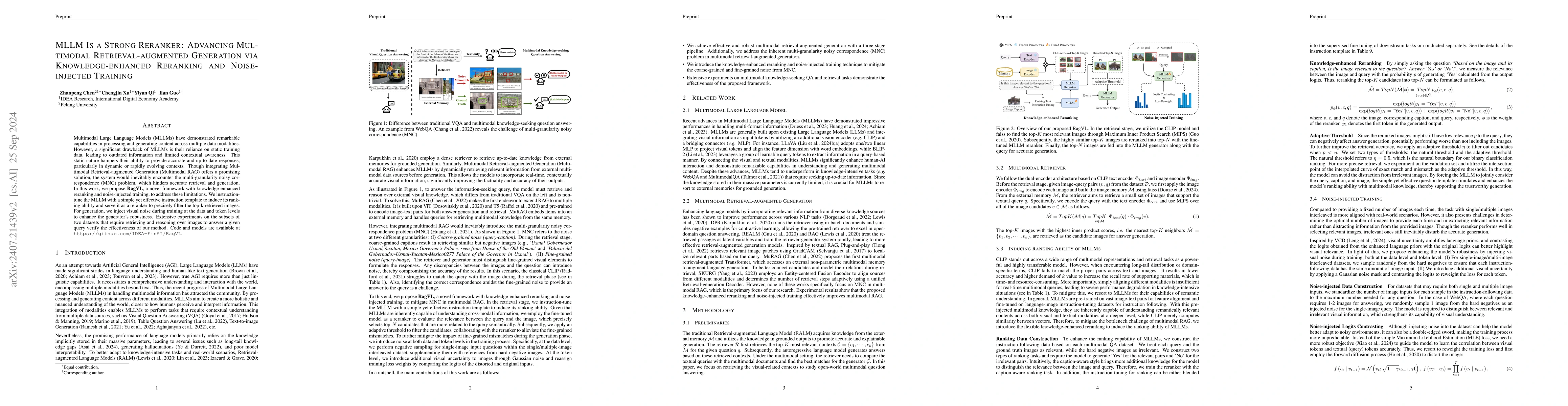 Thumbnail for MLLM Is a Strong Reranker: Advancing Multimodal Retrieval-augmented
  Generation via Knowledge-enhanced Reranking and Noise-injected Training