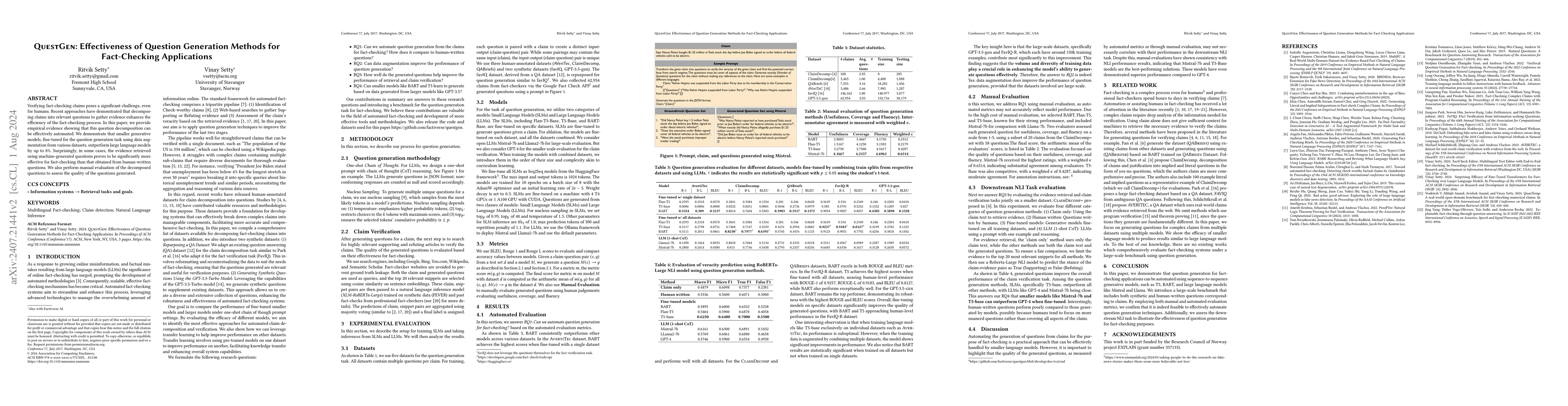 Thumbnail for QuestGen: Effectiveness of Question Generation Methods for Fact-Checking
  Applications