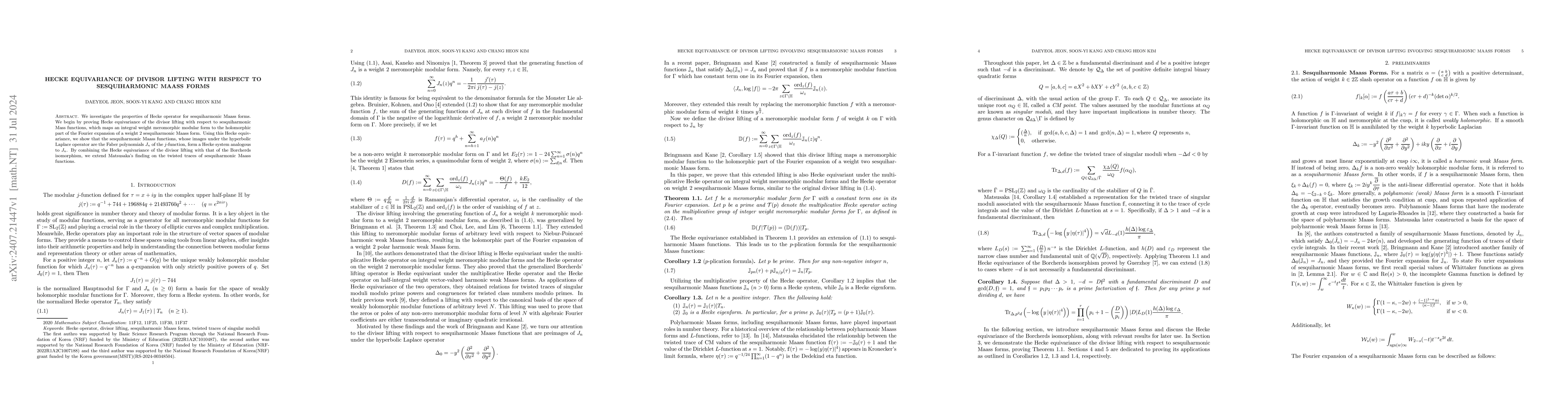 Thumbnail for Hecke Equivariance of Divisor Lifting with respect to Sesquiharmonic
  Maass Forms