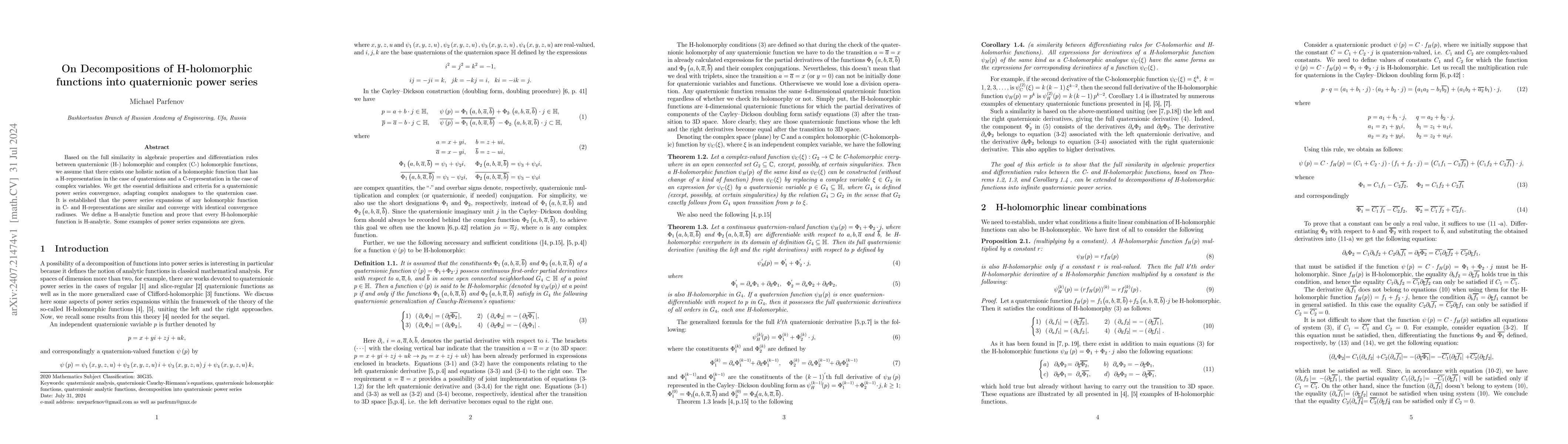 Thumbnail for On Decompositions of H-holomorphic functions into quaternionic power
  series