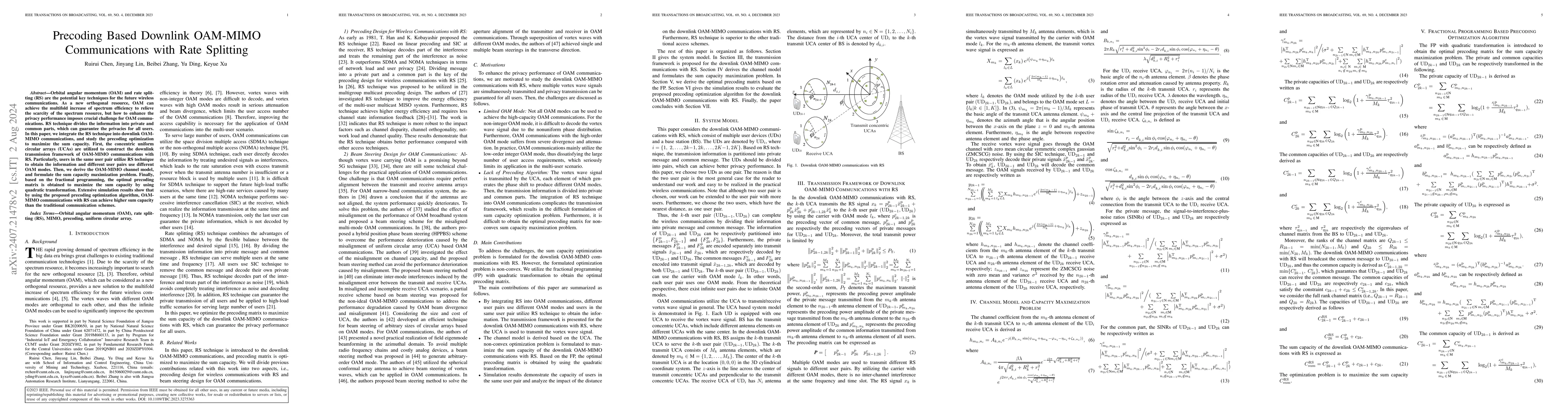 Thumbnail for Precoding Based Downlink OAM-MIMO Communications with Rate Splitting