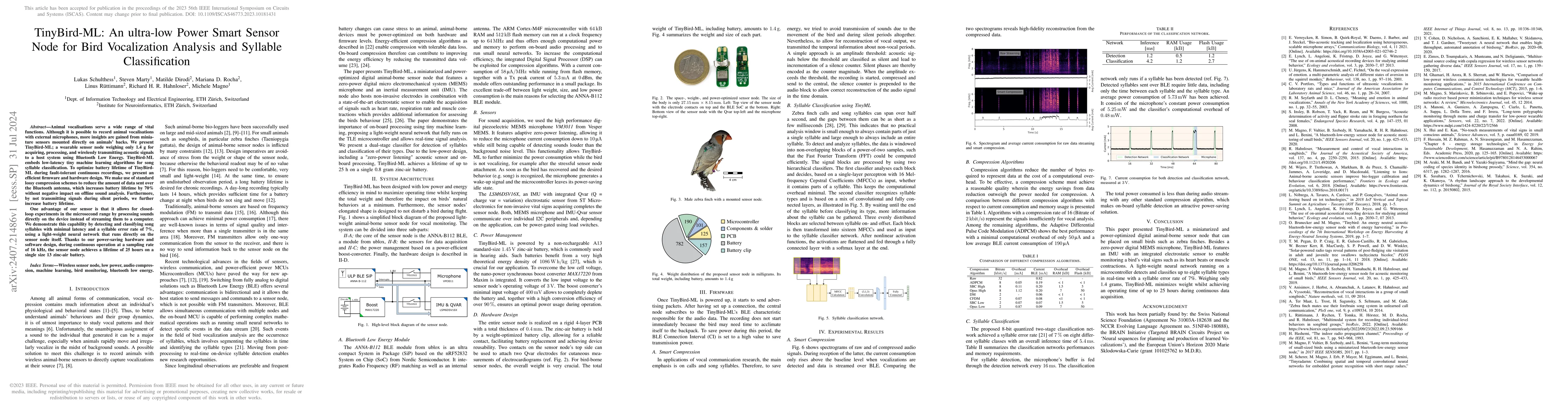 Thumbnail for TinyBird-ML: An ultra-low Power Smart Sensor Node for Bird Vocalization
  Analysis and Syllable Classification