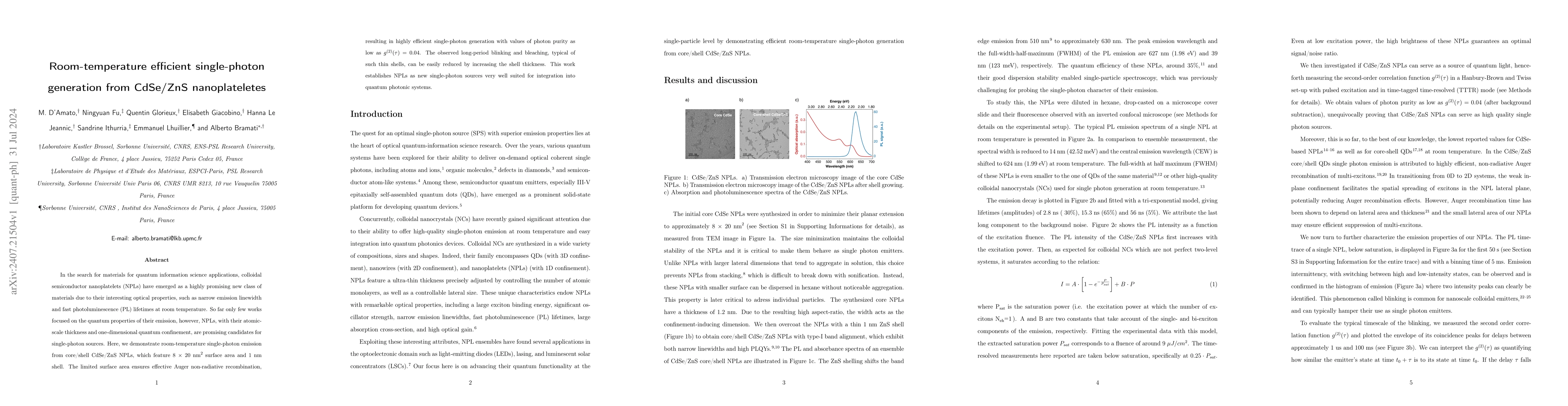 Thumbnail for Room-temperature efficient single-photon generation from CdSe/ZnS
  nanoplateletes