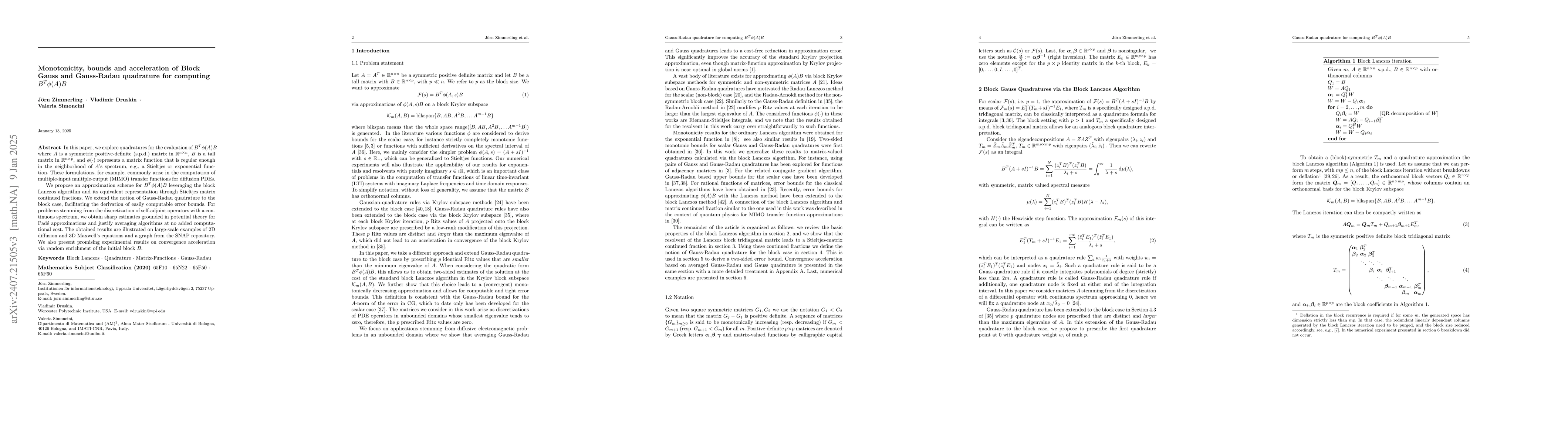Thumbnail for Monotonicity, bounds and extrapolation of Block-Gauss and Gauss-Radau
  quadrature for computing $B^T φ(A) B$