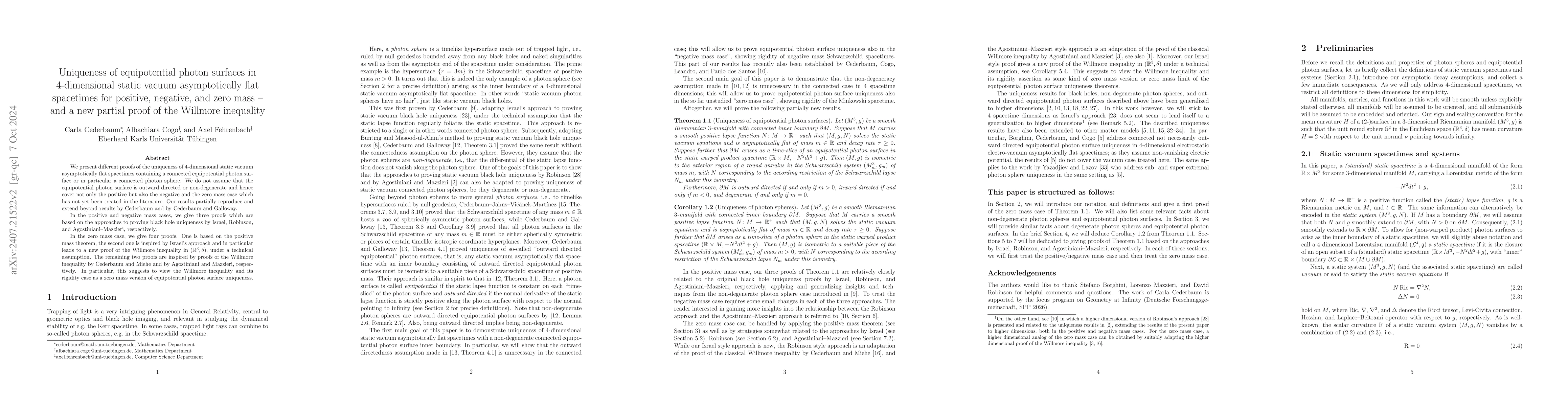 Thumbnail for Uniqueness of equipotential photon surfaces in 4-dimensional static
  vacuum asymptotically flat spacetimes for positive, negative, and zero mass
  -- and a new partial proof of the Willmore inequality