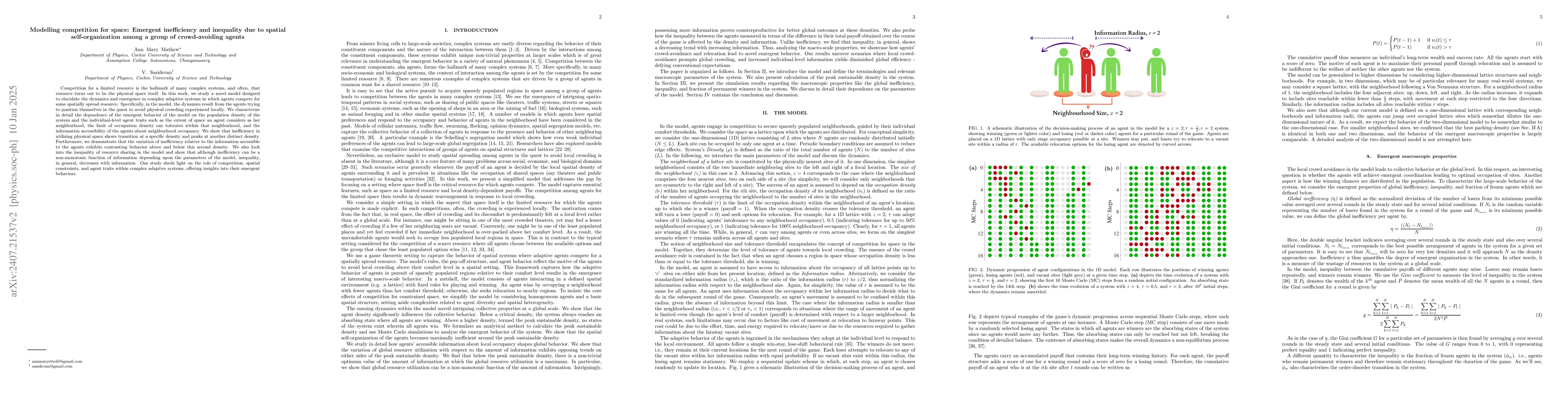 Thumbnail for Modelling competition for space: Emergent inefficiency and inequality
  due to spatial self-organization among a group of crowd-avoiding agents