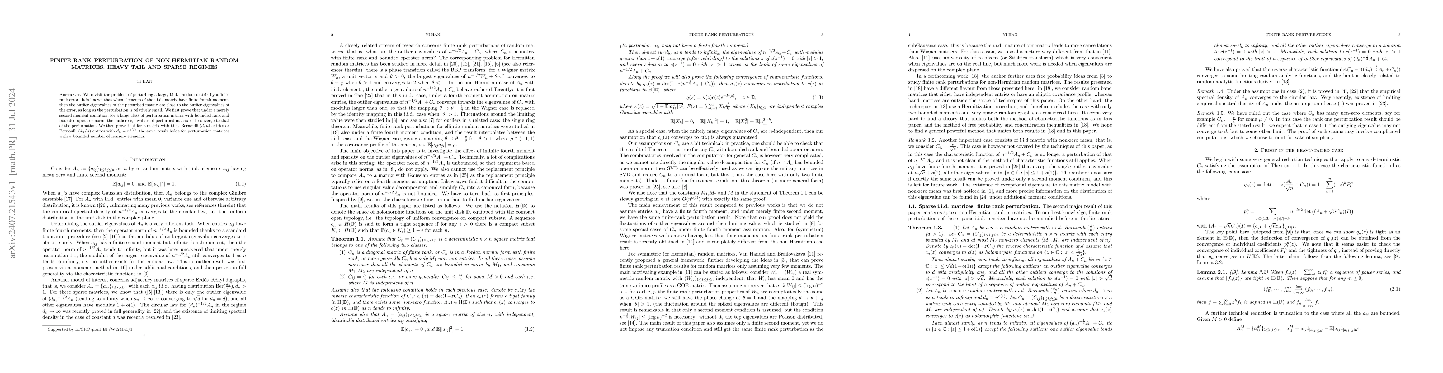 Thumbnail for Finite rank perturbation of non-Hermitian random matrices: heavy tail
  and sparse regimes