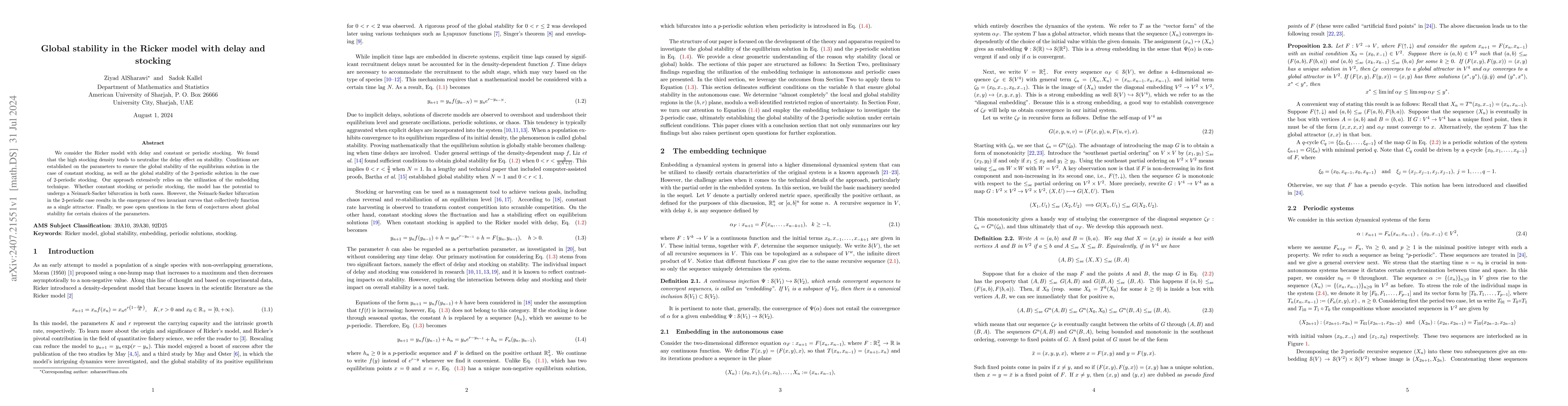 Thumbnail for Global stability in the Ricker model with delay and stocking