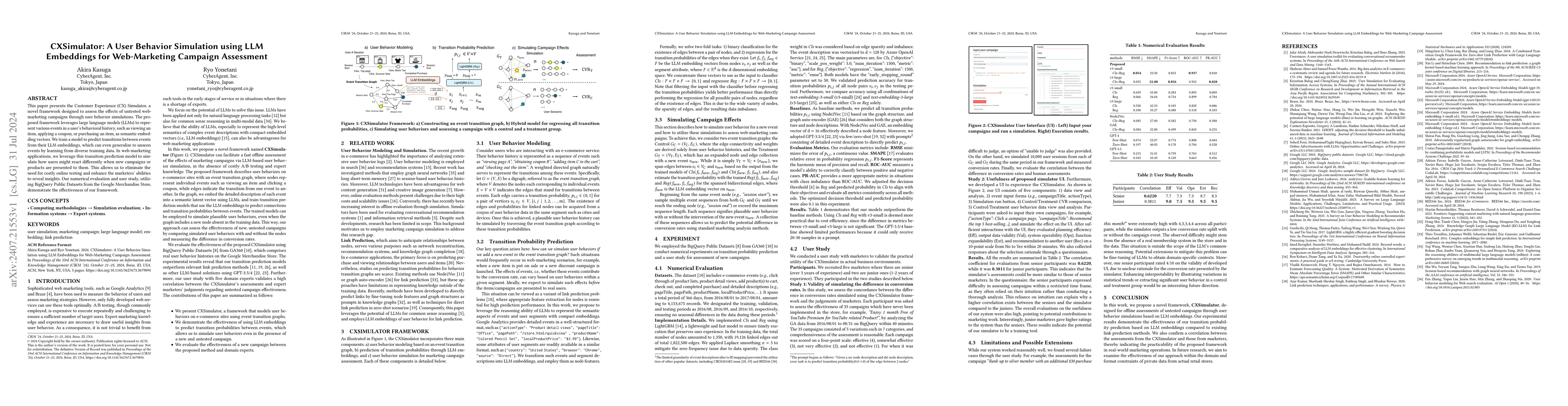 Thumbnail for CXSimulator: A User Behavior Simulation using LLM Embeddings for
  Web-Marketing Campaign Assessment