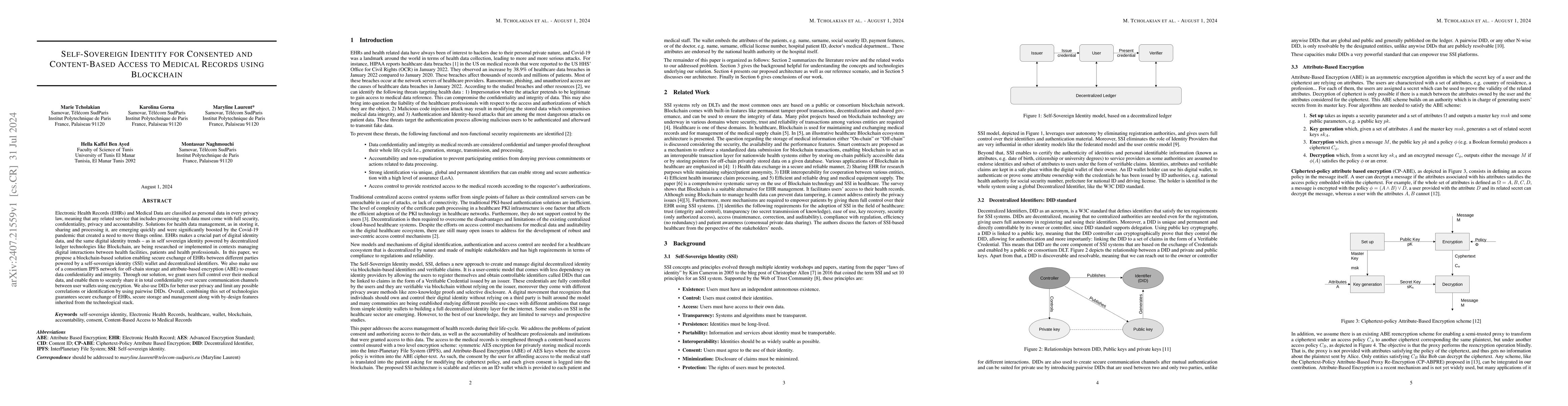 Thumbnail for Self-Sovereign Identity for Consented and Content-Based Access to
  Medical Records using Blockchain