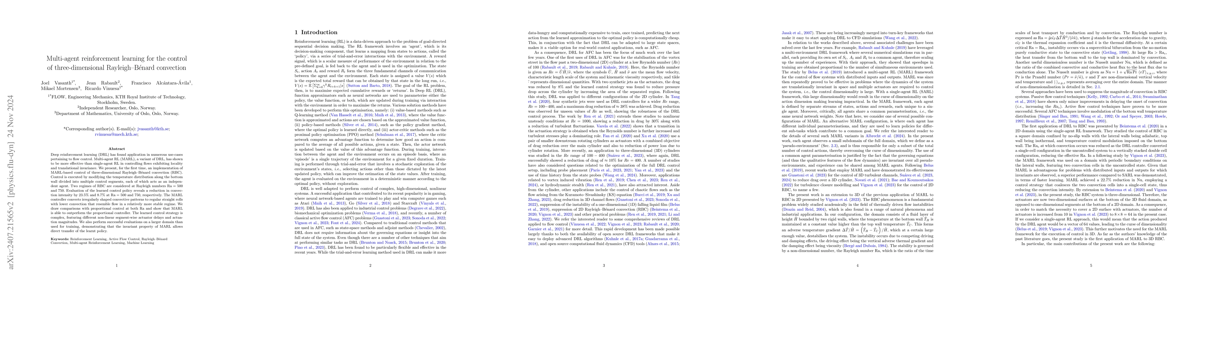 Thumbnail for Multi-agent reinforcement learning for the control of three-dimensional
  Rayleigh-Bénard convection