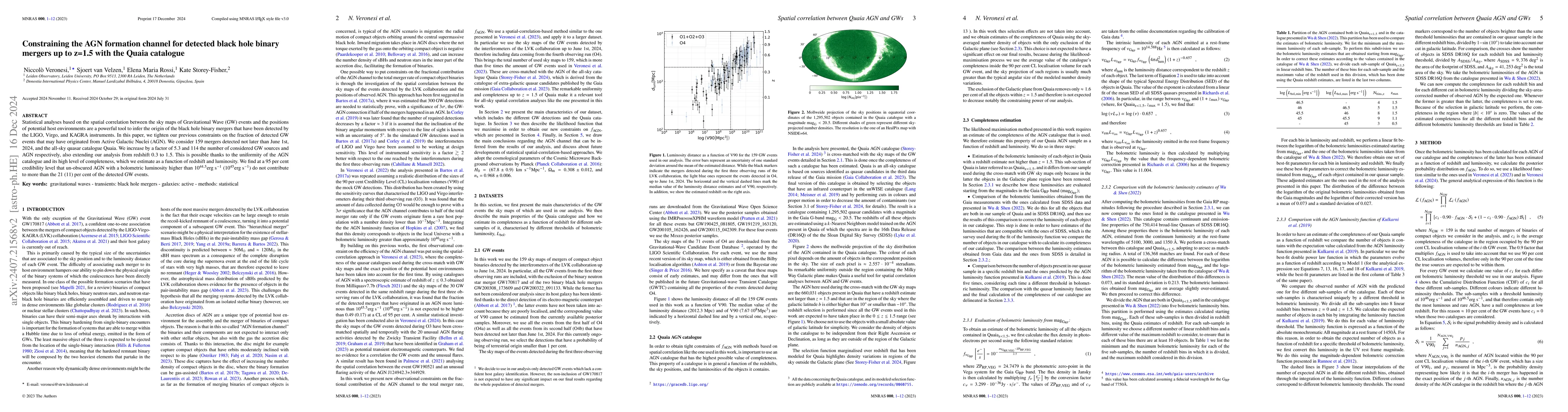 Thumbnail for Constraining the AGN formation channel for detected black hole binary
  mergers up to z=1.5 with the Quaia catalogue