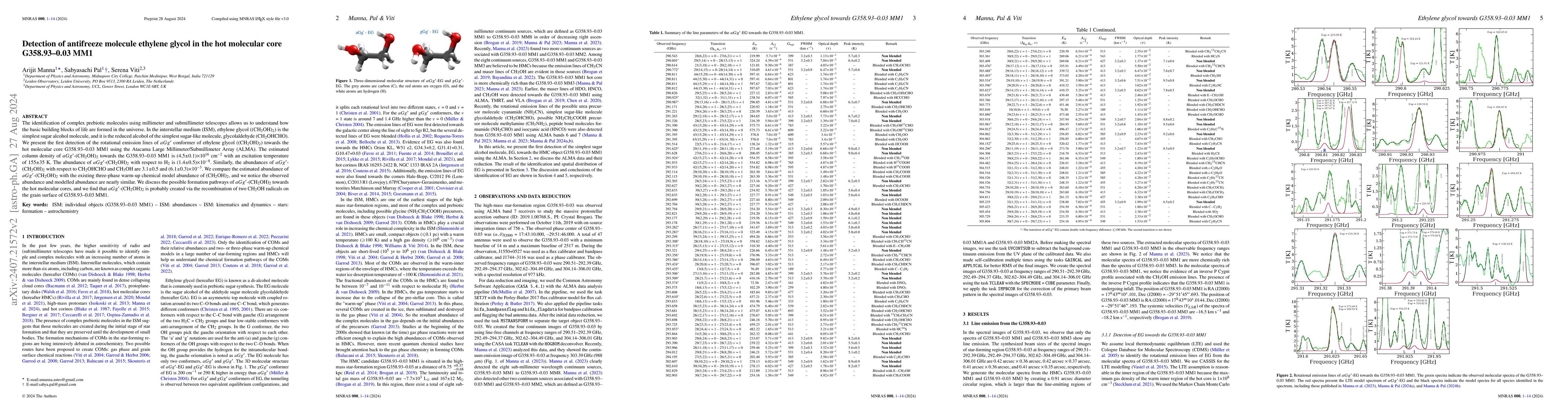 Thumbnail for Detection of antifreeze molecule ethylene glycol in the hot molecular
  core G358.93$-$0.03 MM1