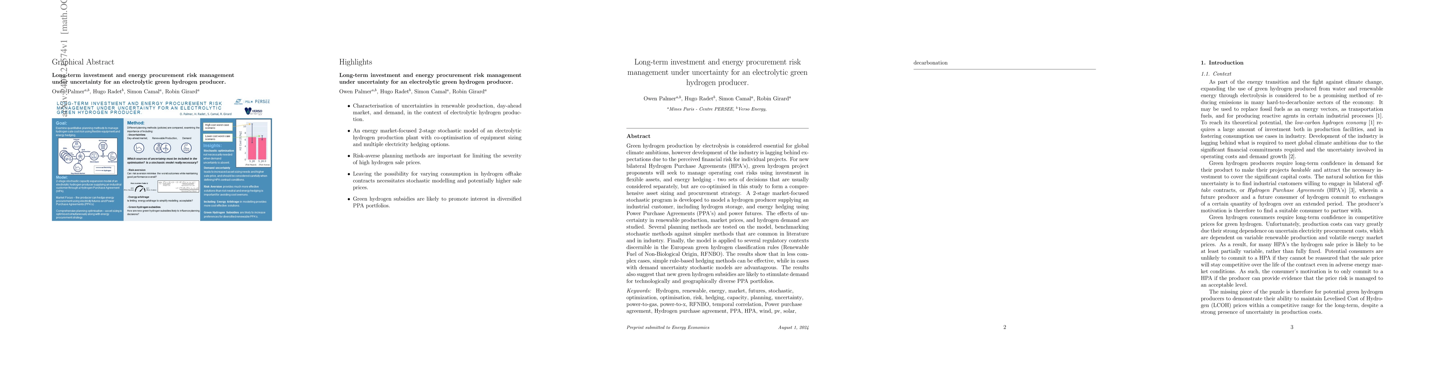 Thumbnail for Long-term investment and energy procurement risk management under
  uncertainty for an electrolytic green hydrogen producer