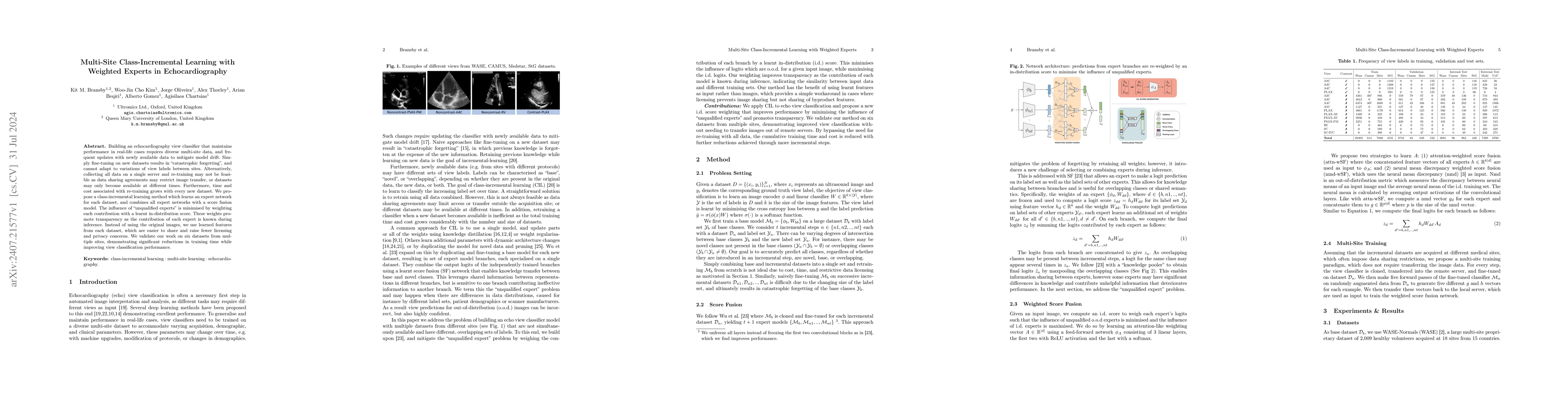 Thumbnail for Multi-Site Class-Incremental Learning with Weighted Experts in
  Echocardiography
