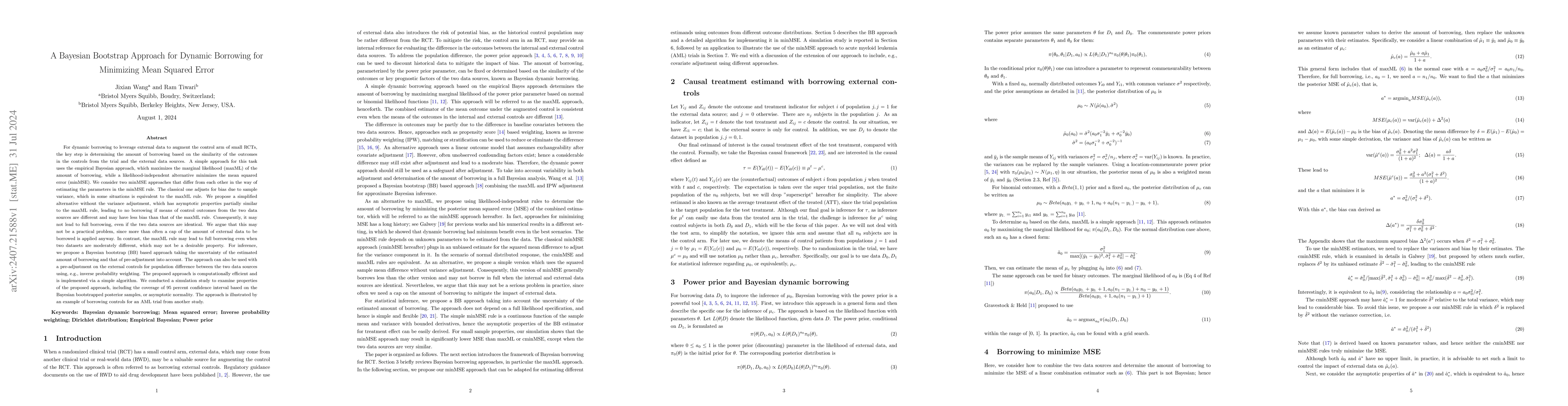 Thumbnail for A Bayesian Bootstrap Approach for Dynamic Borrowing for Minimizing Mean
  Squared Error