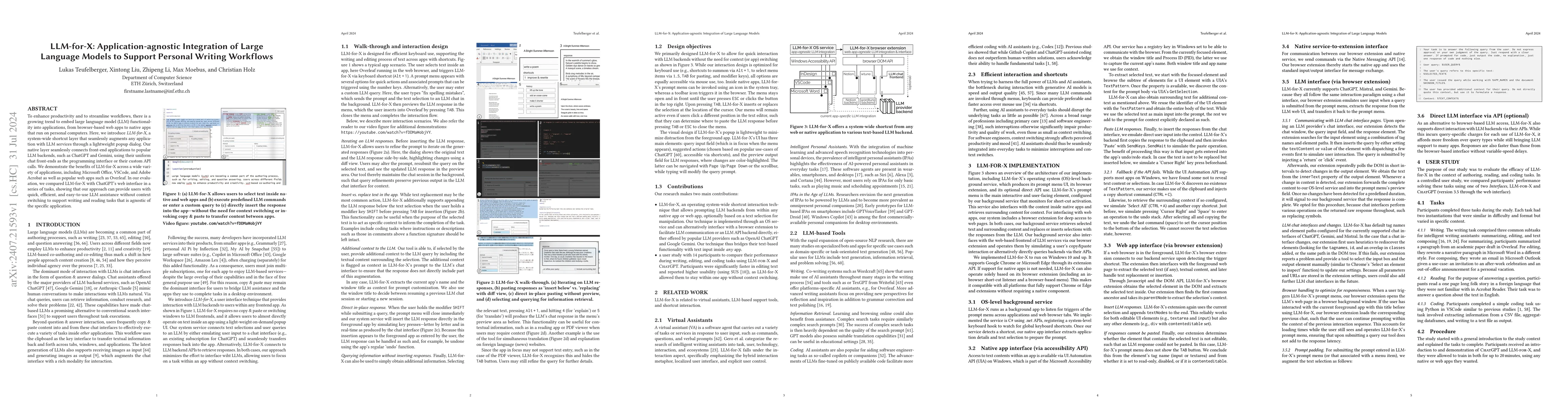 Thumbnail for LLM-for-X: Application-agnostic Integration of Large Language Models to
  Support Personal Writing Workflows