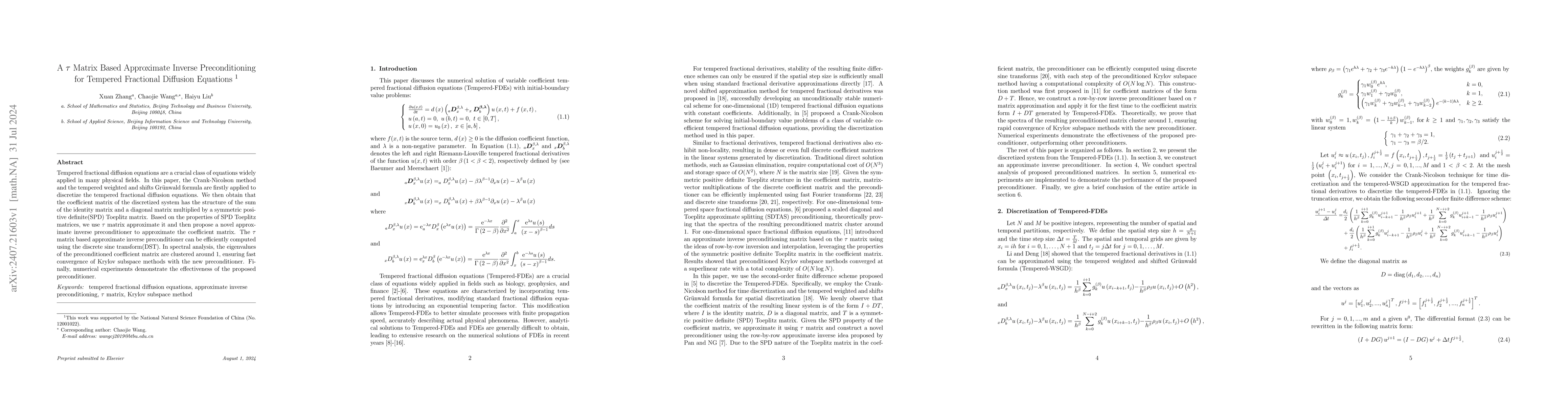 Thumbnail for A τ Matrix Based Approximate Inverse Preconditioning for Tempered
  Fractional Diffusion Equations