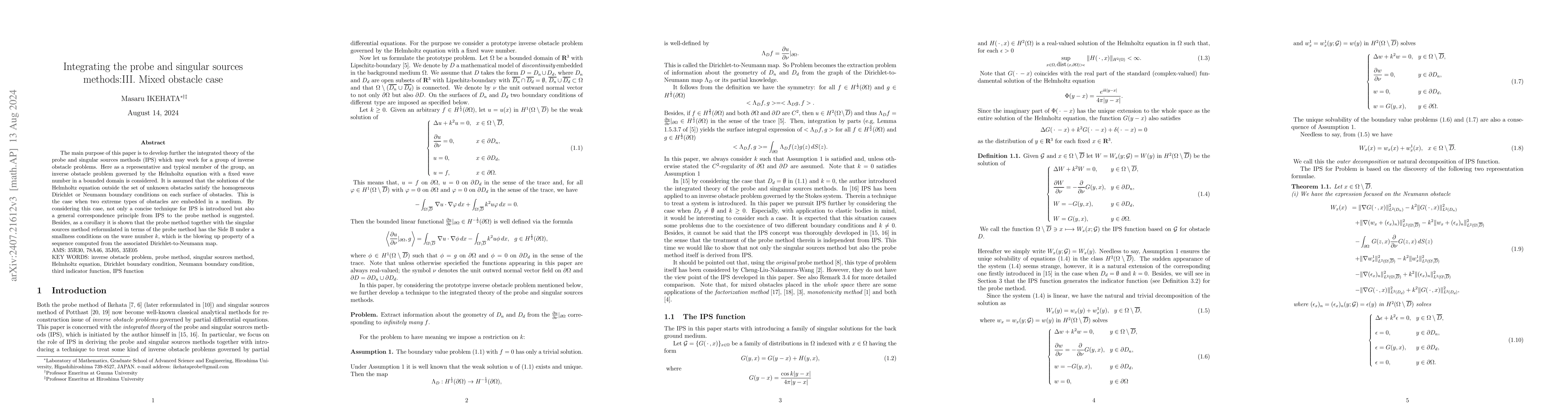 Thumbnail for Integrating the probe and singular sources methods: III. Mixed obstacle
  case