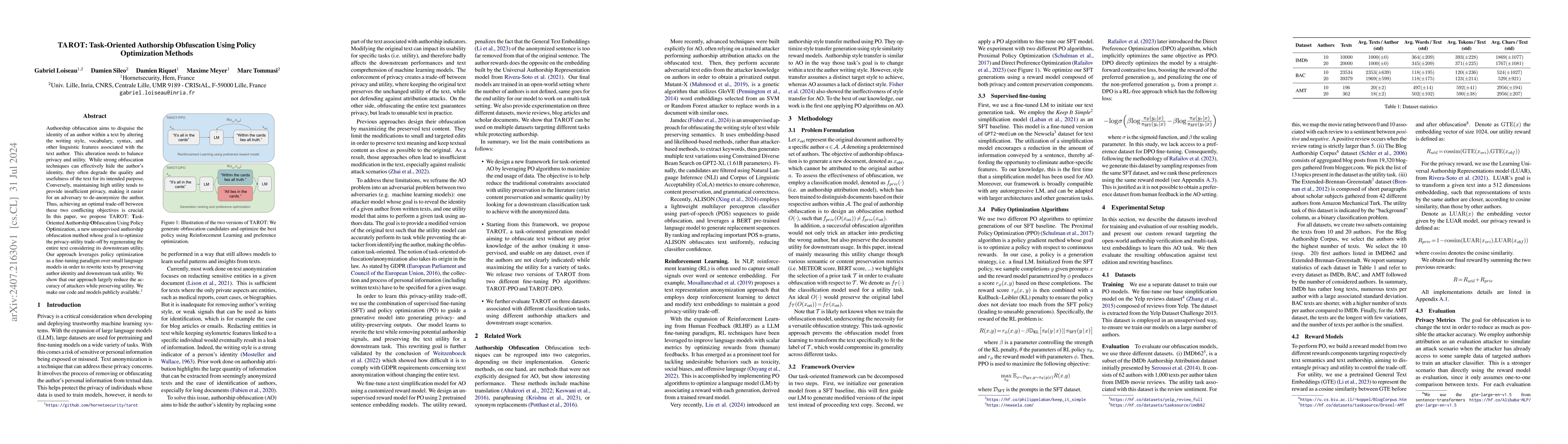 Thumbnail for TAROT: Task-Oriented Authorship Obfuscation Using Policy Optimization
  Methods