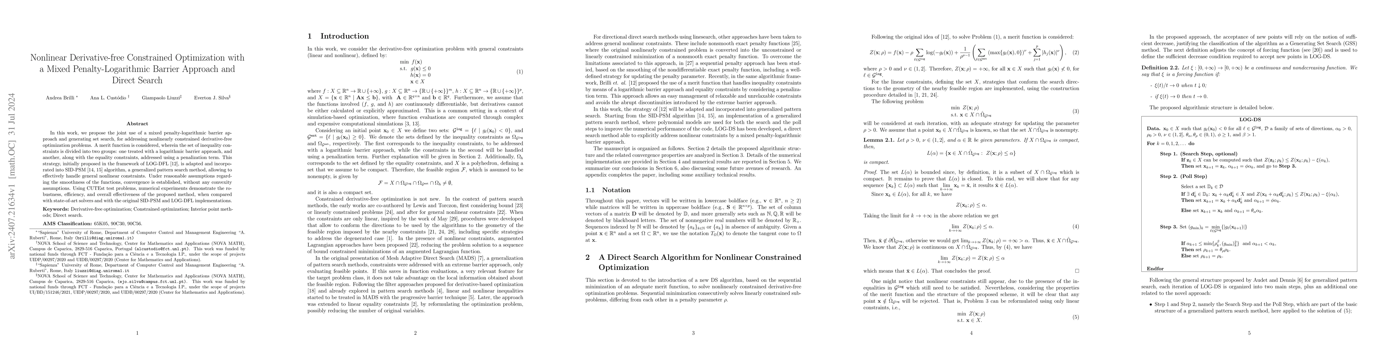 Thumbnail for Nonlinear Derivative-free Constrained Optimization with a Mixed
  Penalty-Logarithmic Barrier Approach and Direct Search