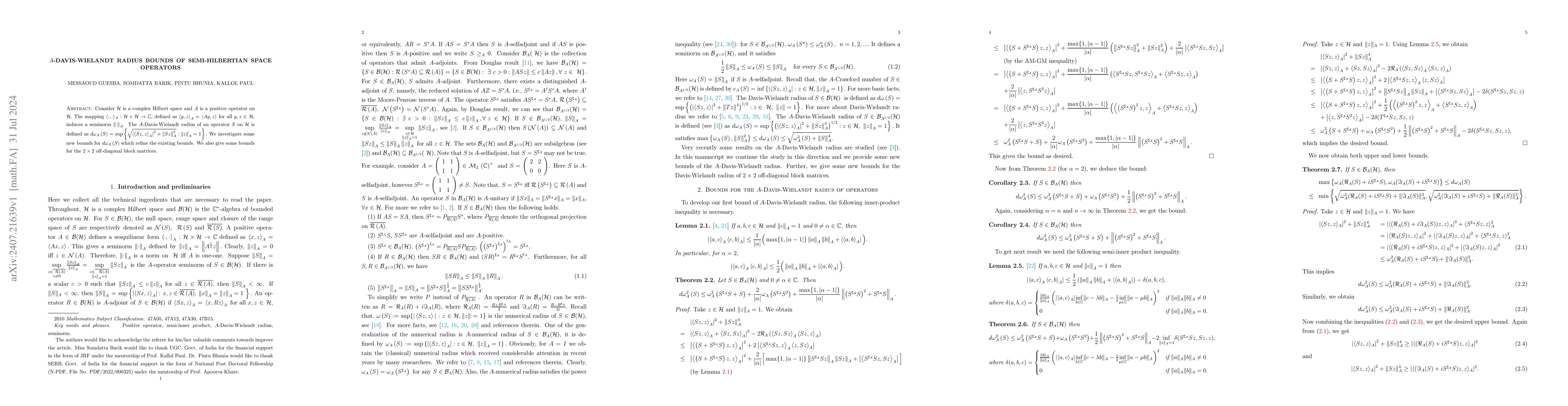 Thumbnail for $A$-Davis-Wielandt Radius Bounds of Semi-Hilbertian Space Operators