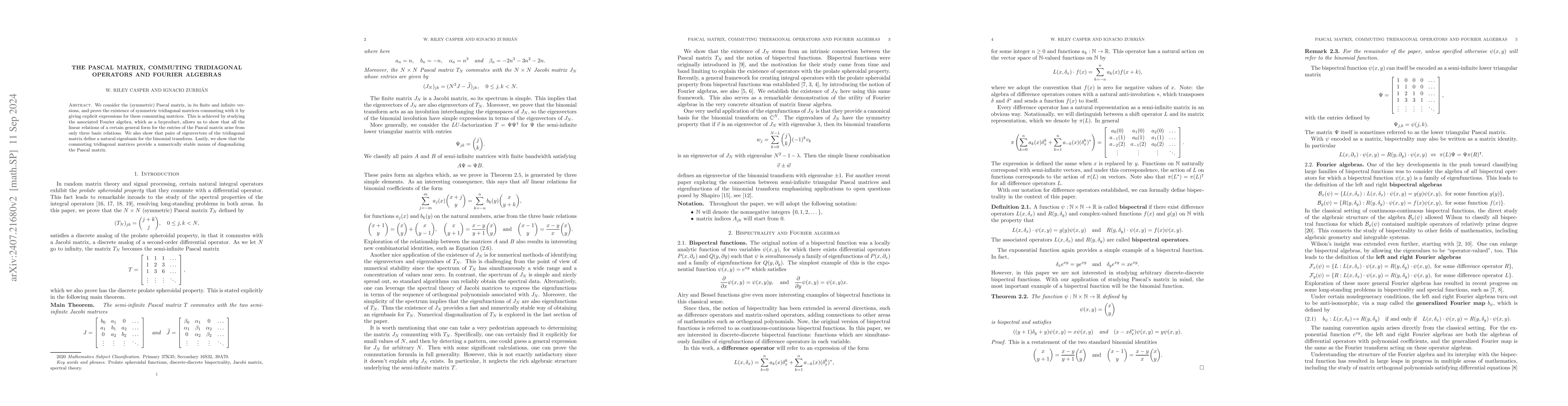 Thumbnail for The Pascal Matrix, Commuting Tridiagonal Operators and Fourier Algebras