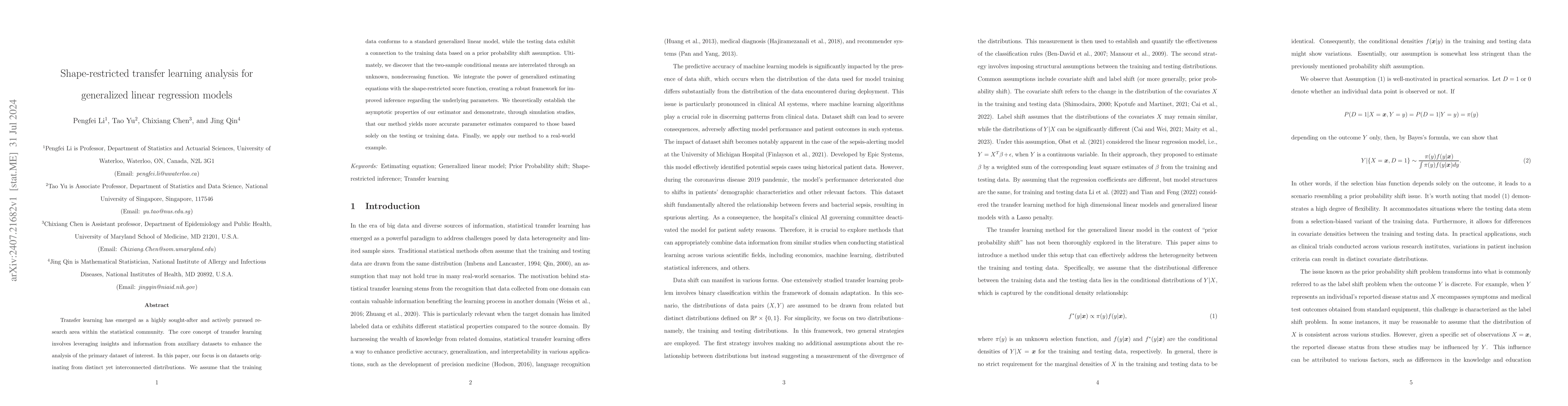 Thumbnail for Shape-restricted transfer learning analysis for generalized linear
  regression model