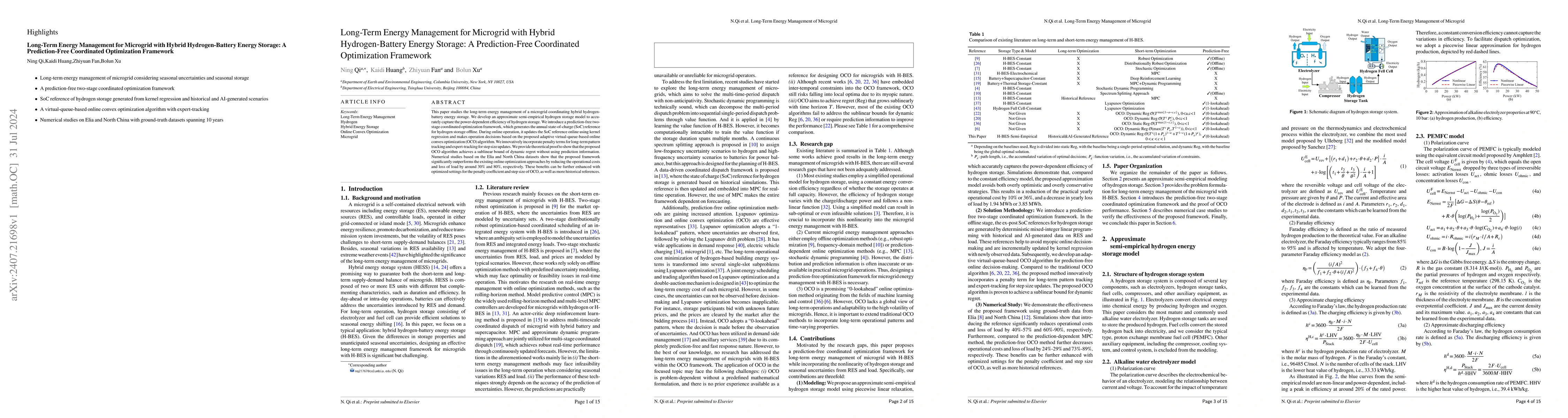 Thumbnail for Long-Term Energy Management for Microgrid with Hybrid Hydrogen-Battery
  Energy Storage: A Prediction-Free Coordinated Optimization Framework