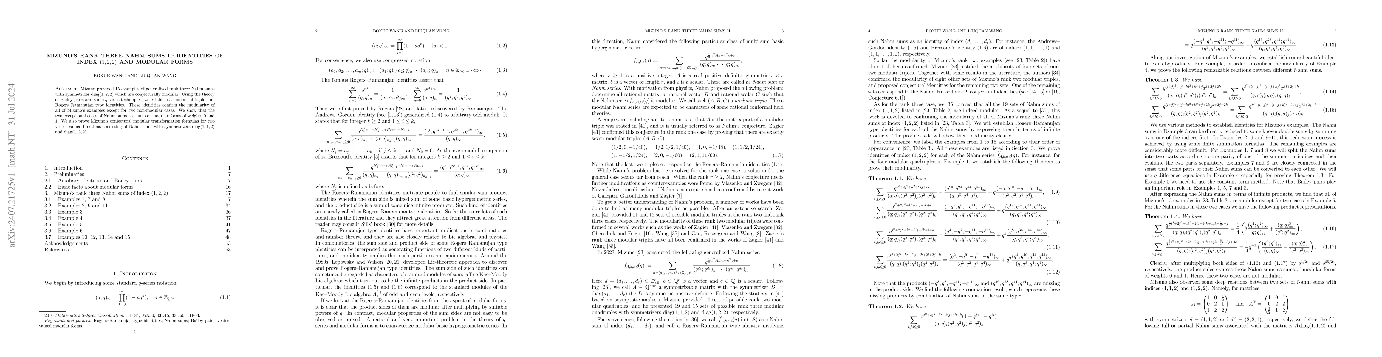 Thumbnail for Mizuno's rank three Nahm sums II: identities of index $(1,2,2)$ and
  modular forms