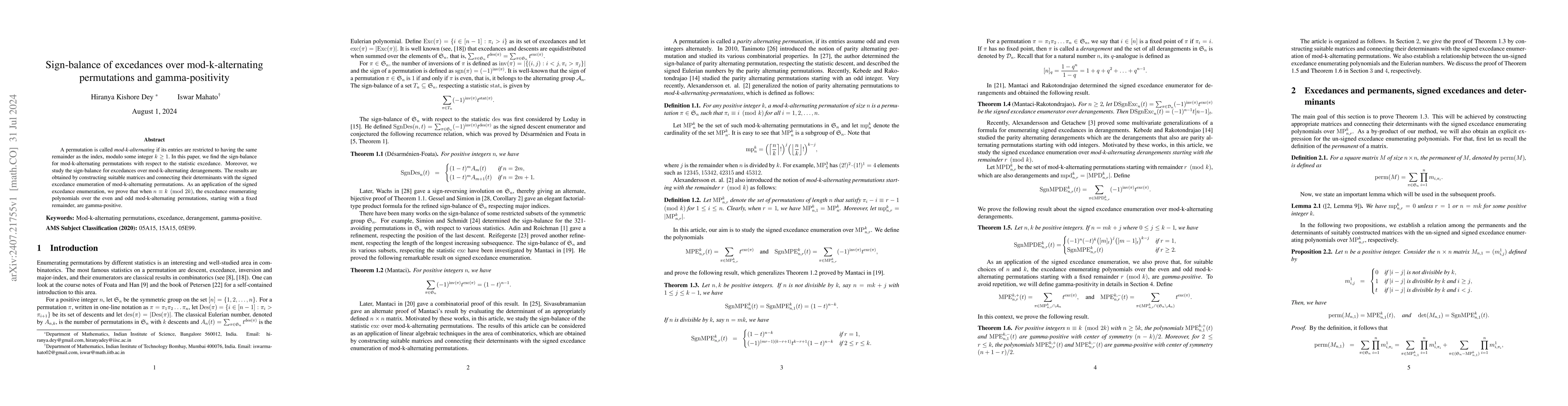 Thumbnail for Sign-balance of excedances over mod-k-alternating permutations and
  gamma-positivity