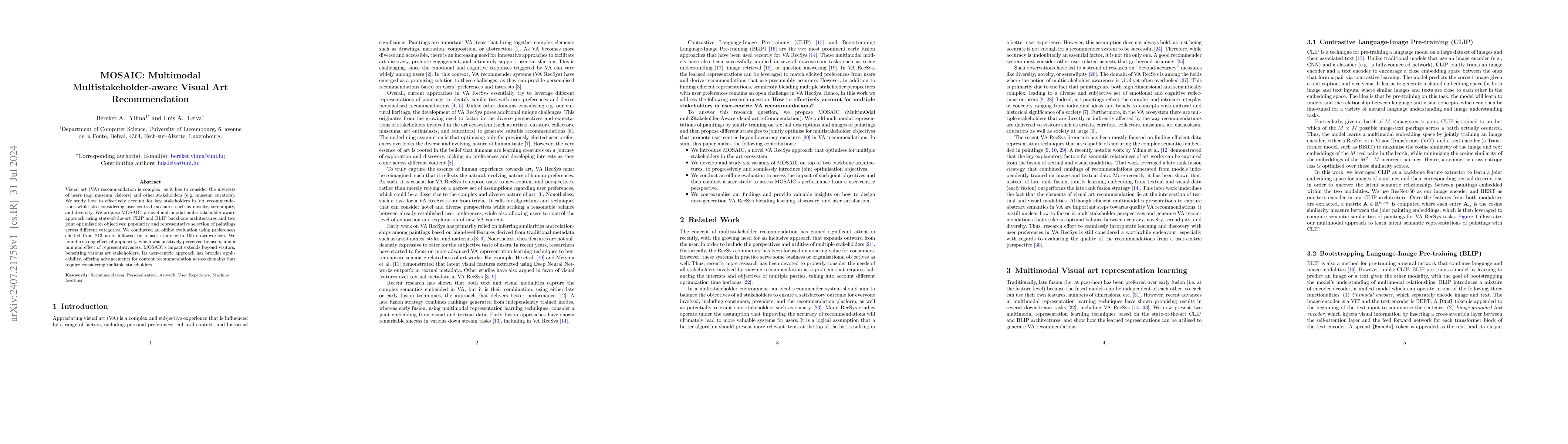 Thumbnail for MOSAIC: Multimodal Multistakeholder-aware Visual Art Recommendation