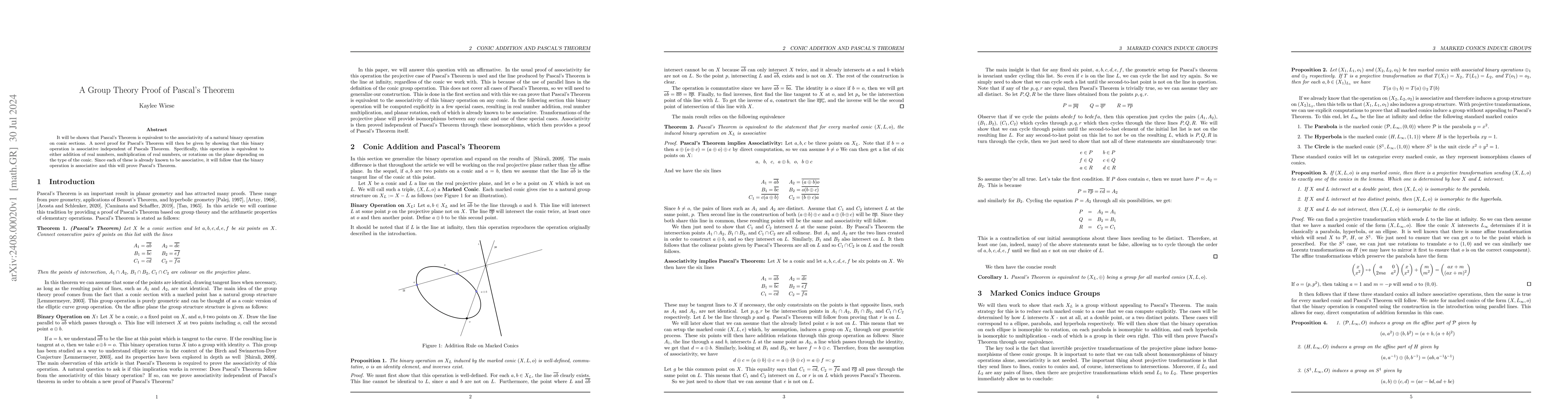 Thumbnail for A Group Theory Proof of Pascal's Theorem