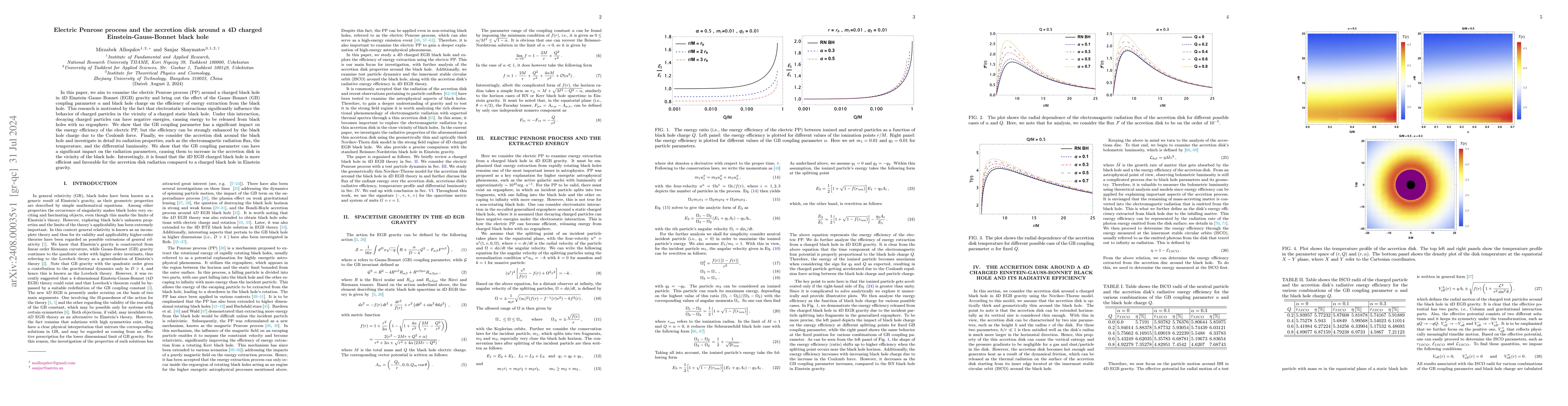 Thumbnail for Electric Penrose process and the accretion disk around a 4D charged
  Einstein-Gauss-Bonnet black hole