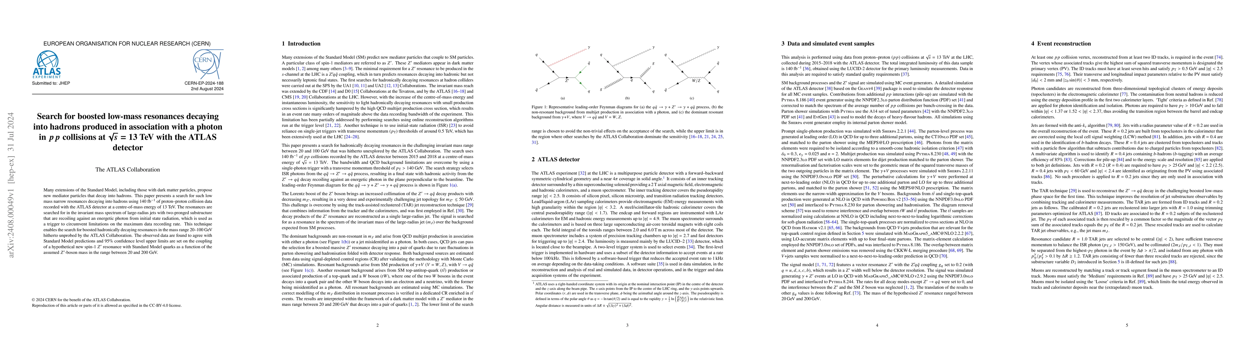 Thumbnail for Search for boosted low-mass resonances decaying into hadrons produced in
  association with a photon in pp collisions at $\sqrt{s}=$13 TeV with the
  ATLAS detector