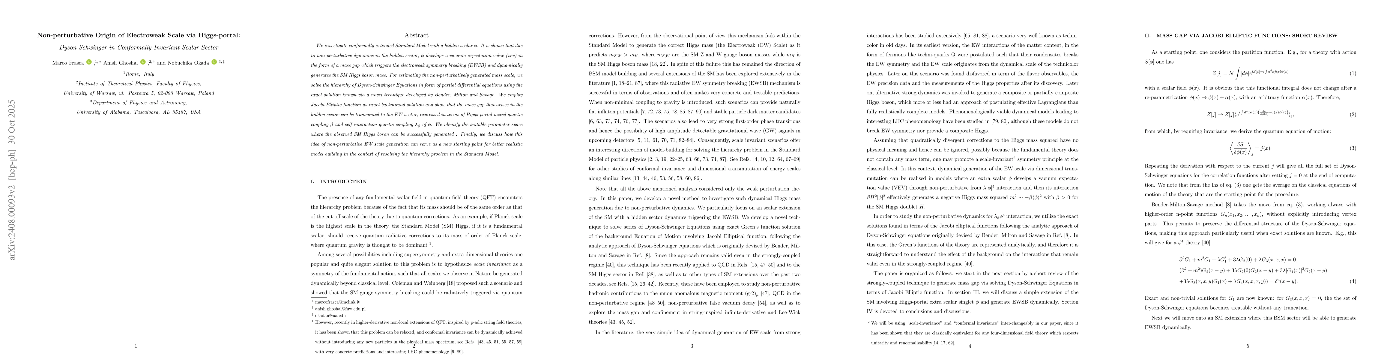 Thumbnail for Non-perturbative Origin of Electroweak Scale via Higgs-portal:
  Dyson-Schwinger in Conformally Invariant Scalar Sector