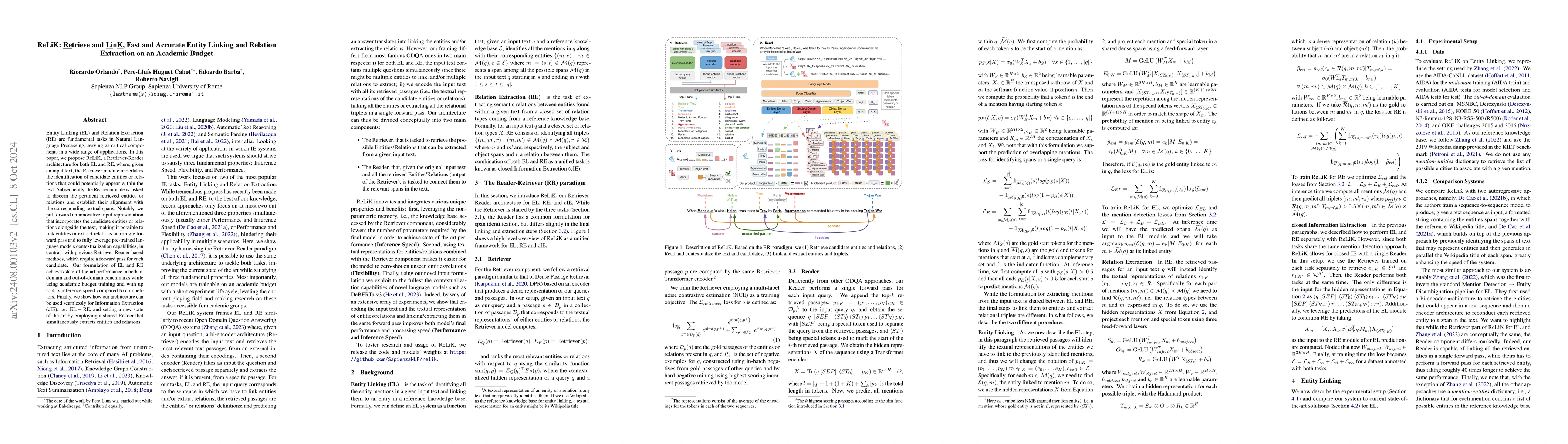 Thumbnail for ReLiK: Retrieve and LinK, Fast and Accurate Entity Linking and Relation
  Extraction on an Academic Budget