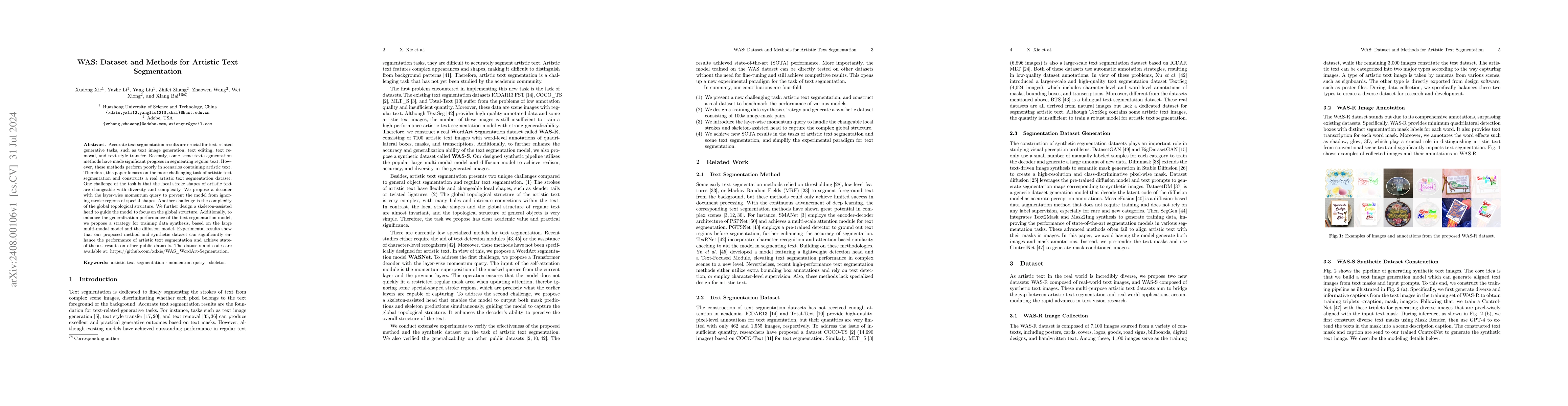 Thumbnail for WAS: Dataset and Methods for Artistic Text Segmentation