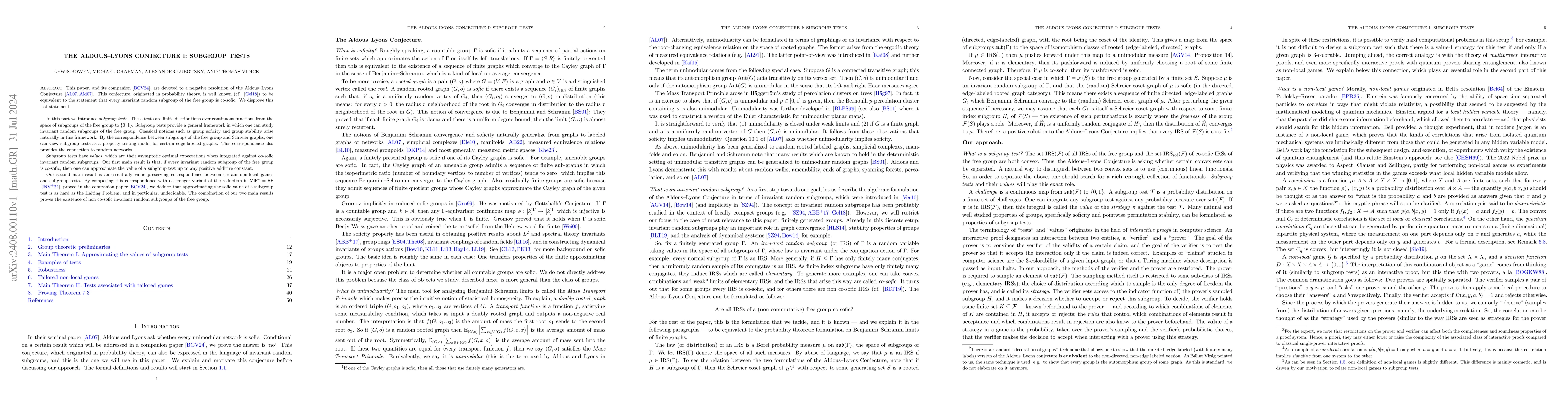 Thumbnail for The Aldous--Lyons Conjecture I: Subgroup Tests