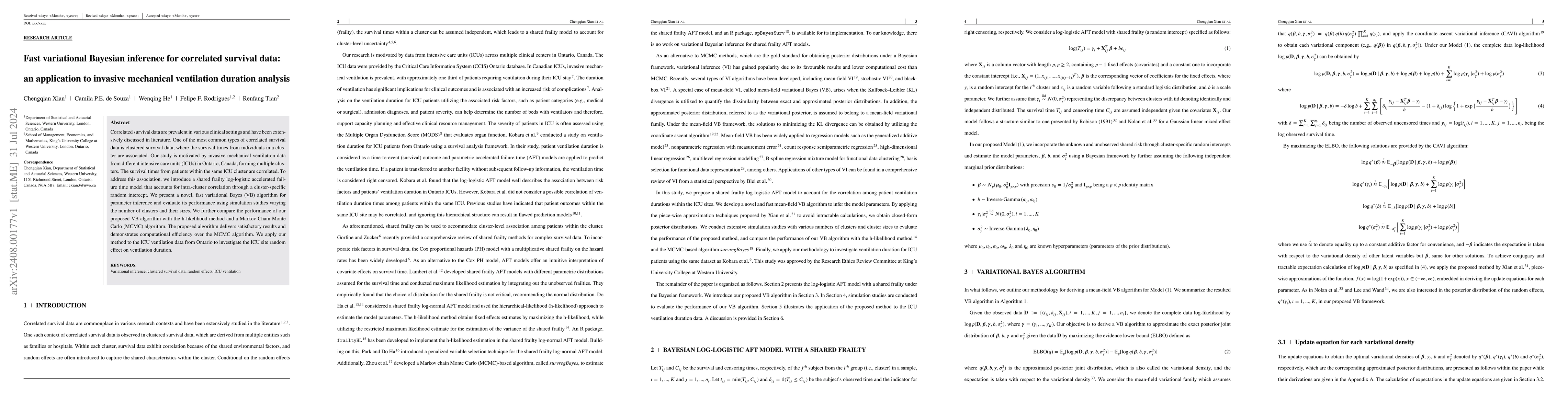 Thumbnail for Fast variational Bayesian inference for correlated survival data: an
  application to invasive mechanical ventilation duration analysis