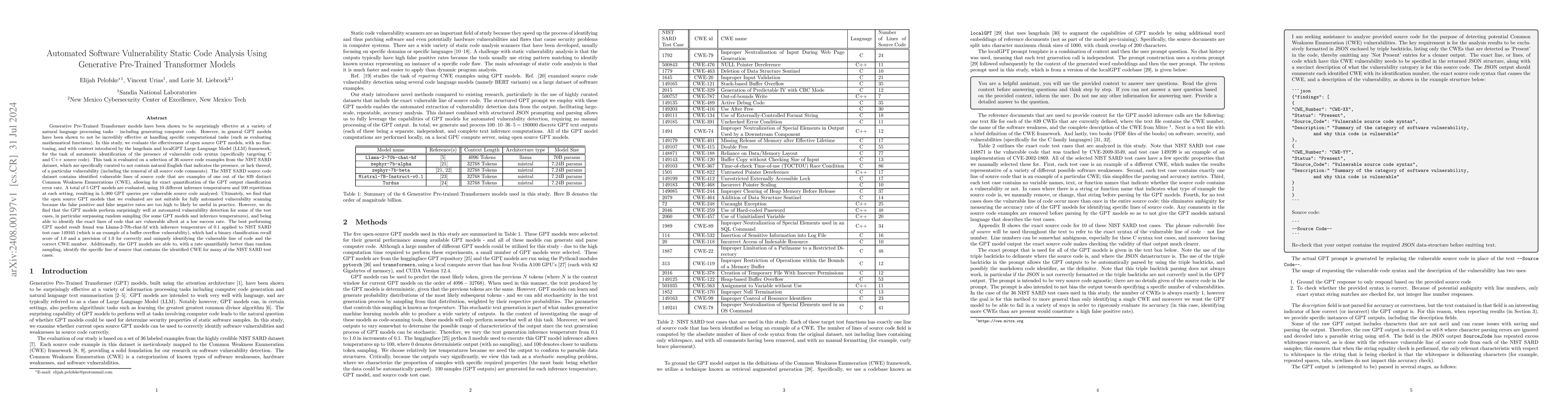 Thumbnail for Automated Software Vulnerability Static Code Analysis Using Generative
  Pre-Trained Transformer Models