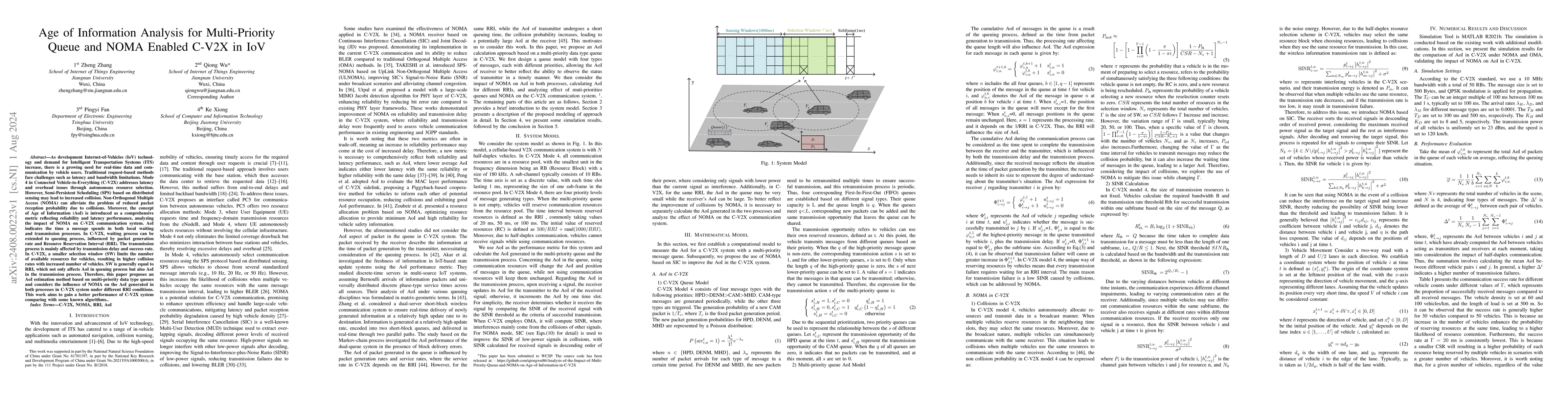 Thumbnail for Age of Information Analysis for Multi-Priority Queue and NOMA Enabled
  C-V2X in IoV