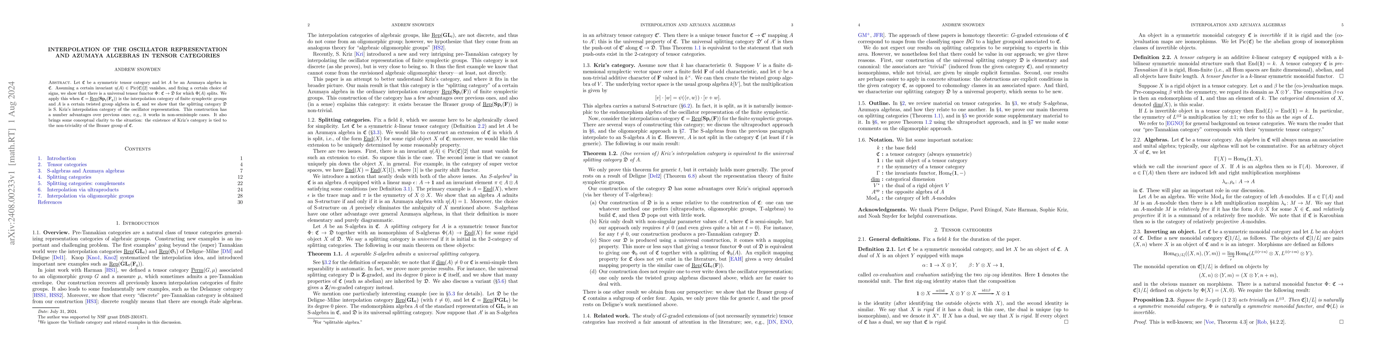Thumbnail for Interpolation of the oscillator representation and Azumaya algebras in
  tensor categories