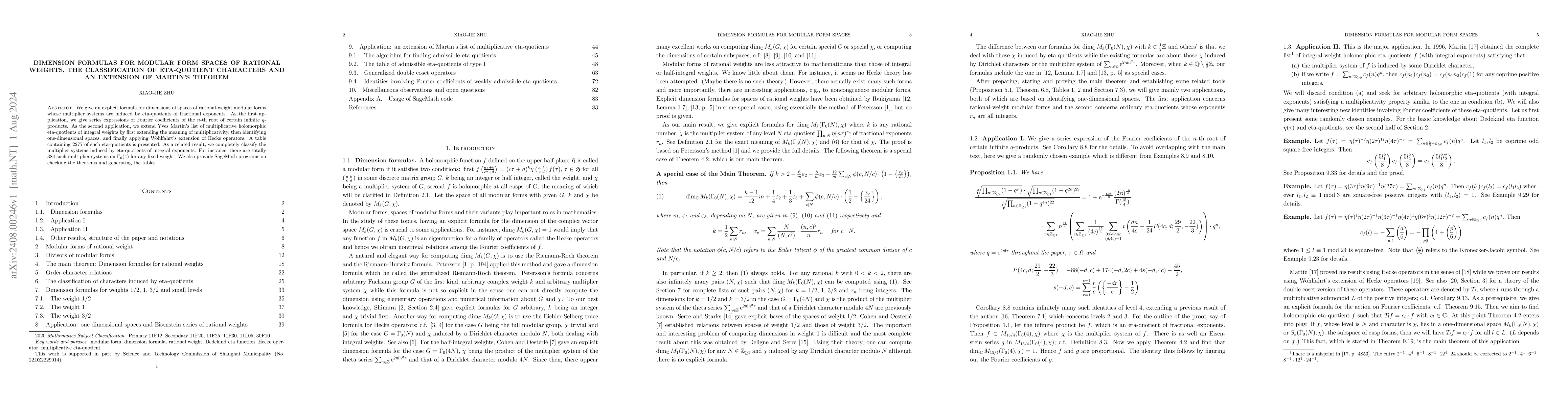 Thumbnail for Dimension formulas for modular form spaces of rational weights, the
  classification of eta-quotient characters and an extension of Martin's
  theorem
