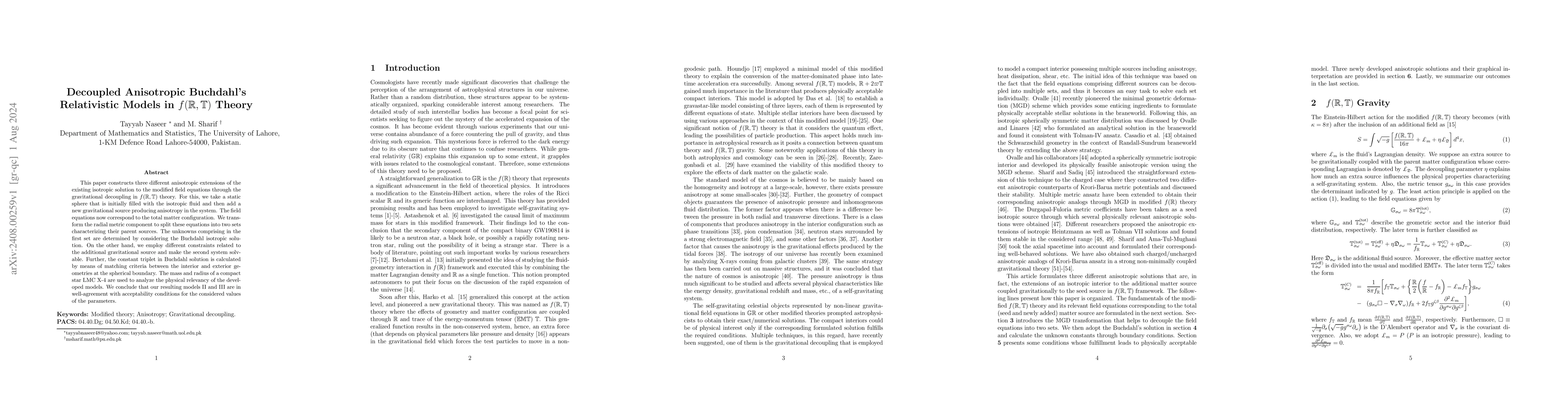 Thumbnail for Decoupled Anisotropic Buchdahl's Relativistic Models in
  $f(\mathbb{R},\mathbb{T})$ Theory